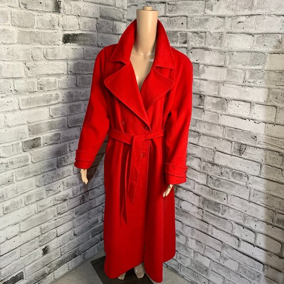 Vintage 90s Red Wool Cashmere Long Overcoat Double Breasted Belted Trench Coat - Picture 1 of 16